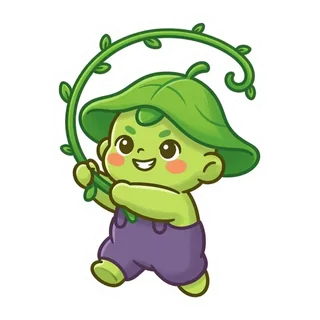 Fern, a little garden sprite with a leaf hat, swinging a vine