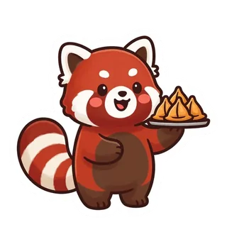 Mochi, a red panda holding a tray of samosas
