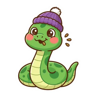 Noodle, a green snake in a knitted beanie, spitting seeds