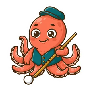 Ocho, an orange octopus in a flat cap lining up a cue shot