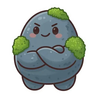 Pebble, a round stone golem with mossy shoulders, arms crossed