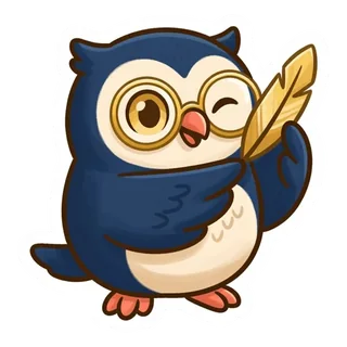 Quill, a navy owl in round glasses, aiming a golden feather