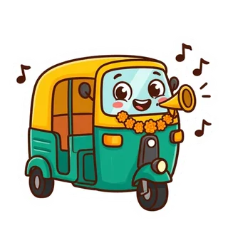 Tuk, a yellow and teal auto-rickshaw honking a tune