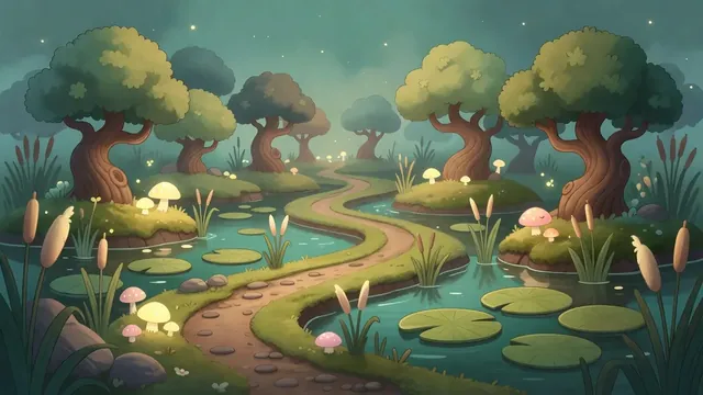Muddle Bog: reeds, lily pads and glowing mushrooms
