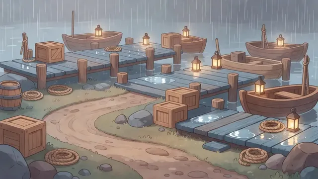 Rainy Docks: wet planks, puddles and crates