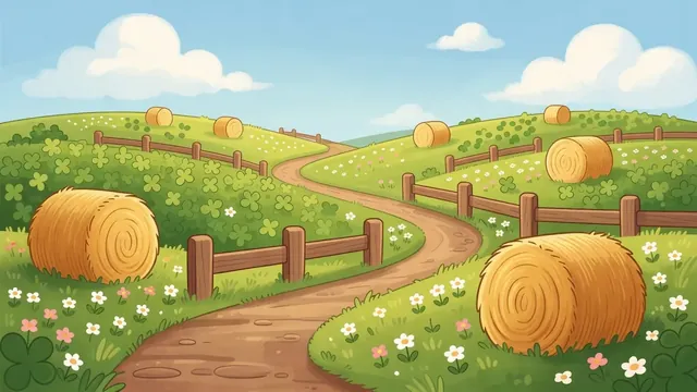 Clover Meadow: green fields, daisies and hay bales